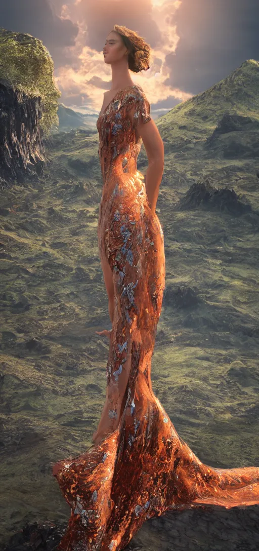 Image similar to a beautiful hyperrealistic ultradetailed 3D, one girl in a magnificent dress stands near a volcano, voge photo, fashion style, fullbody, in full growth, photorealistic, high resolution, trending on artstation, highly detailed, volumetric lighting,artstation, concept art, master illustration, elegant, details, good clear quality, volumetric lighting,