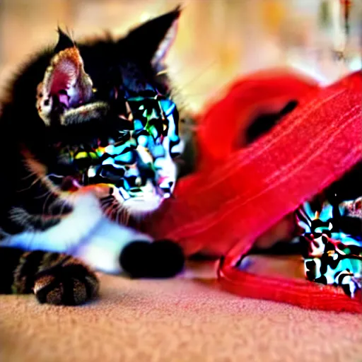 Prompt: sleepy two kittens playing with red yarn, cute, happy