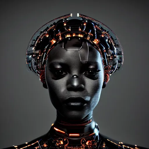 Prompt: portrait of an absurdly beautiful, graceful, sophisticated, fashionable black cyberpunk mechanoid gravure idol, hyperdetailed illustration by irakli nadar, adut akech, matt wisniewski style, intricate linework, dark black porcelain skin, jellyfish headdress, unreal engine 5 highly rendered, global illumination, red light, detailed and intricate environment