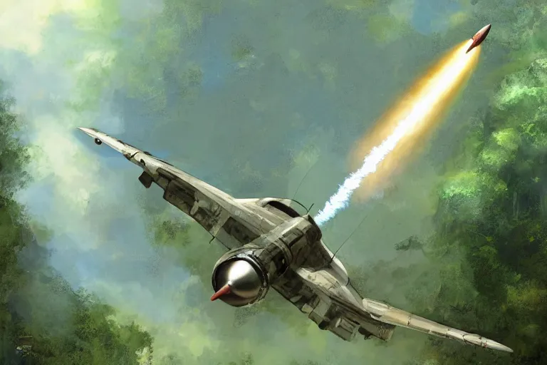 Image similar to dieselpunk digital illustration of a rocket fighter breaking the sound barrier low across a tropical rainforest by craig mullins