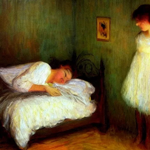 Prompt: A sleeper awakens in their dream to see that they are in a dream bubble over impressionistic painting