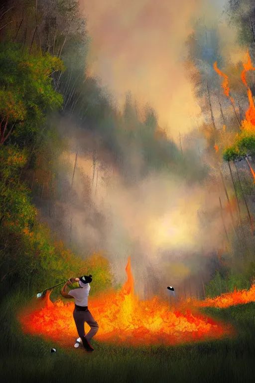 Image similar to golf players on a lush golf course surrended by forests on fire, digital painting, 4k, rays of light, particles light, by sasha kalinkin