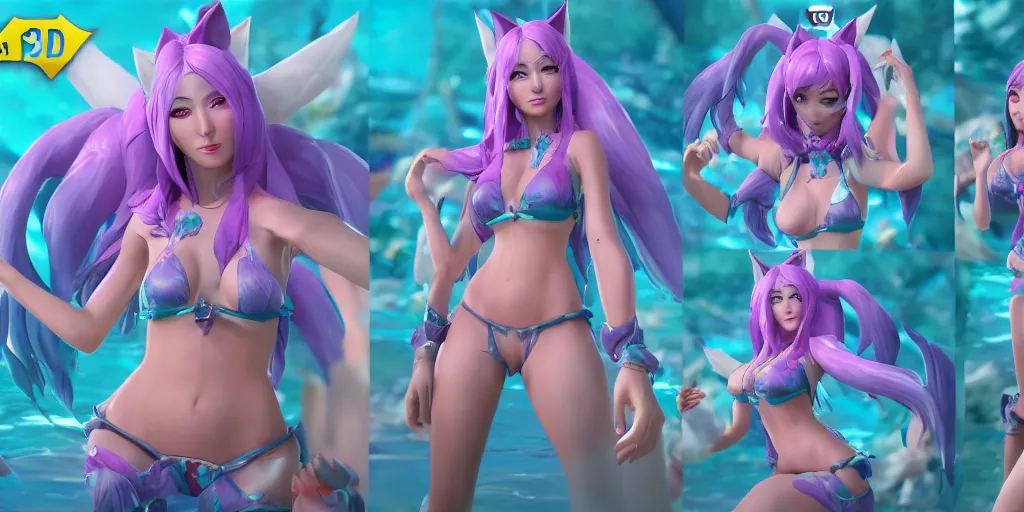 Image similar to character sheet of pool party Ahri (wild rift), multiple angles, symmetric face, 3d render, octane render, 4K, highly detailed