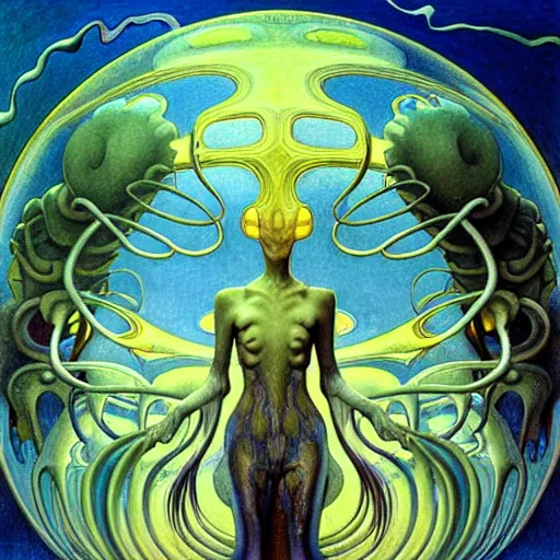 Image similar to realistic extremely detailed portrait painting of a ghost silhouette, futuristic sci-fi landscape on background by Jean Delville, Amano, Yves Tanguy, Alphonse Mucha, Ernst Haeckel, Edward Robert Hughes, Roger Dean, rich moody colours, blue eyes