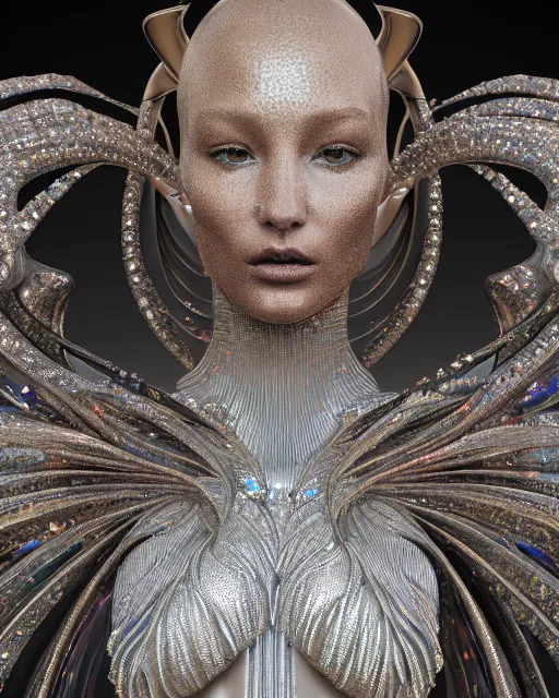 Image similar to a highly detailed metahuman 4 k close up render of an alien goddess bella hadid monument aphrodite in iris van herpen dress schiaparelli in diamonds crystals swarovski and jewelry iridescent in style of alphonse mucha gustav klimt trending on artstation made in unreal engine 4