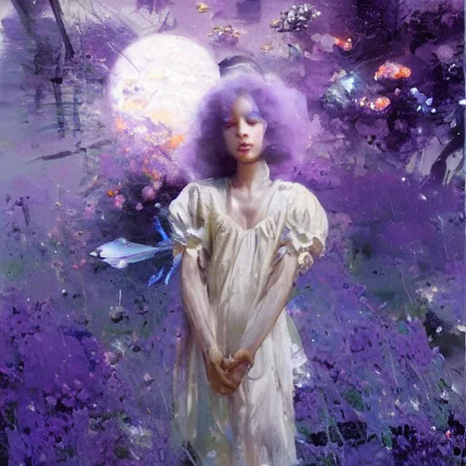 Prompt: a girl with three eyes : : on 5 translucent luminous spheres, full of floral and berry fillings, in an ocean of lavender color by john berkey