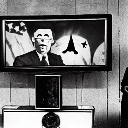 Image similar to photo of an old television showing a president that has a clown face and is giving a speech over a podium