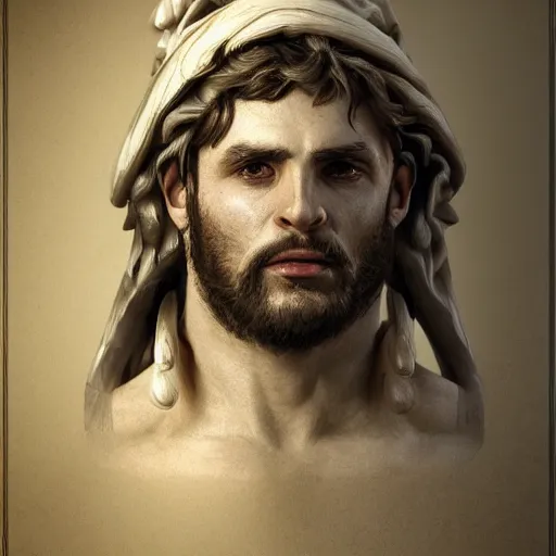 Image similar to Greek man, high resolution fantasy concept art, realistic, intricate details, soft lighting