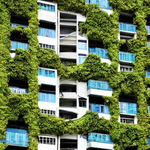 Prompt: ha noi apartment block by norman foster overgrown by vines