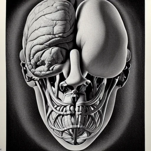 Image similar to surreal lung head anatomical atlas dissection center cut, lithography on paper conceptual figurative ( post - morden ) monumental dynamic soft shadow portrait drawn by hogarth and escher, inspired by goya, illusion surreal art, highly conceptual figurative art, intricate detailed illustration, controversial poster art, polish poster art, geometrical drawings, no blur