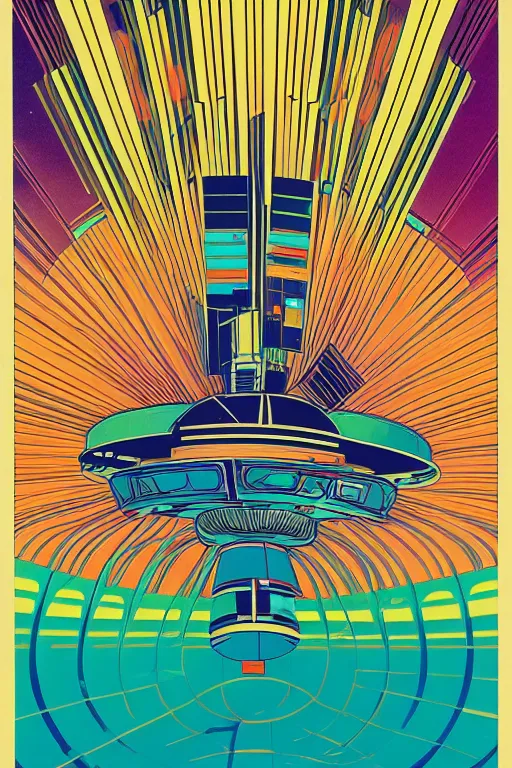 Image similar to a 8 0 s art deco poster with the interior of an international space station fuill of electronic equipment, poster art by milton glaser, kilian eng, moebius, behance contest winner, psychedelic art, concert poster, poster art, maximalist