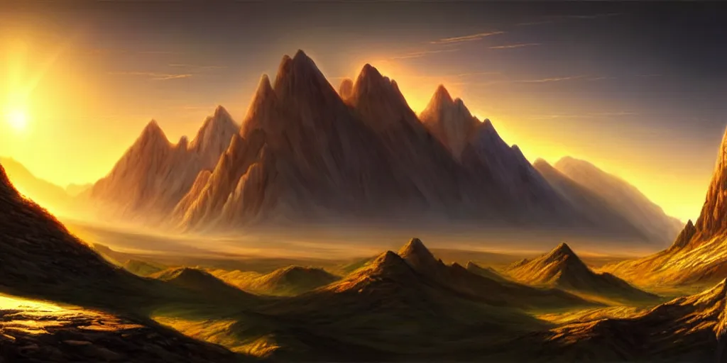 Image similar to a beautiful landscape, sun rises between two mountains, concept art by john stephans, extremely detailed, hyper realism