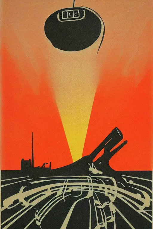 Image similar to soviet propaganda poster of a sound synthesizer in the sunset