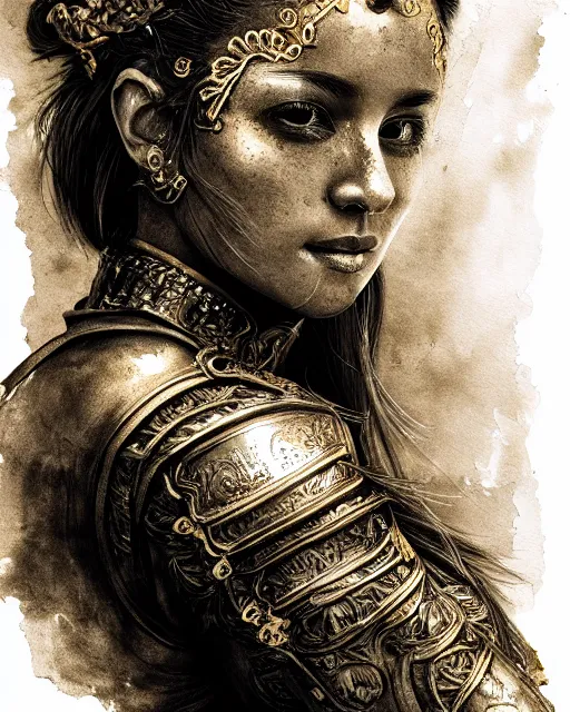 Image similar to ink wash painting portrait of woman in shining golden armor, high production value, intricate details, high resolution, hdr, high definition, masterpiece, realistic, ultrarealistic, highly detailed, hd, sharp focus, non blurry, sharp, smooth