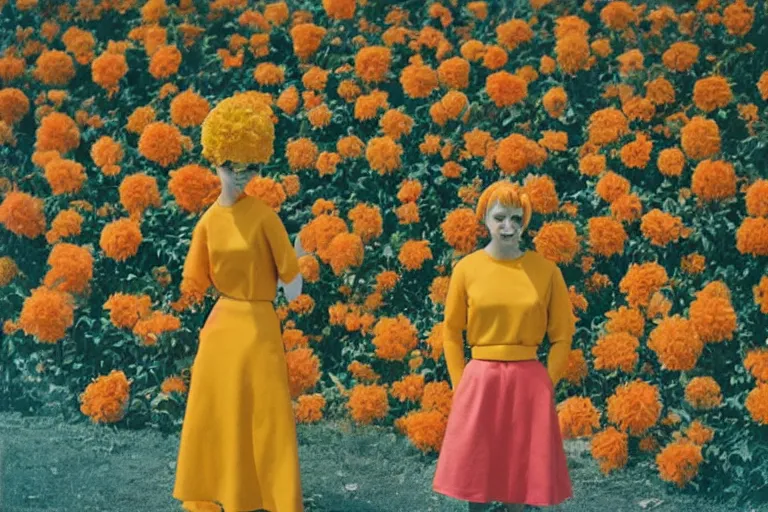 Prompt: giant flower head, girl standing, 1 9 6 0 s architecture, surreal photography, frontal, symmetry, mid century, liminal space, bright colours, wes anderson