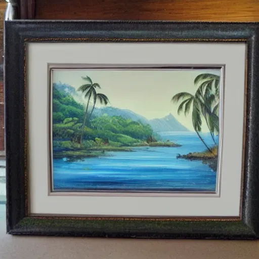 Prompt: a dusty old framed painting of a beautiful tropical landscape
