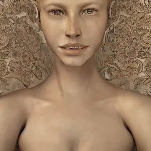 Image similar to beatifull face portrait of a woman, 150 mm, anatomical, flesh, flowers, mandelbrot fractal, facial muscles, veins, arteries, intricate, golden ratio, full frame, microscopic, elegant, highly detailed, ornate, ornament, sculpture, elegant , luxury, beautifully lit, ray trace, unreal, 3d, PBR, in the style of peter Gric , alex grey and Romero Ressendi