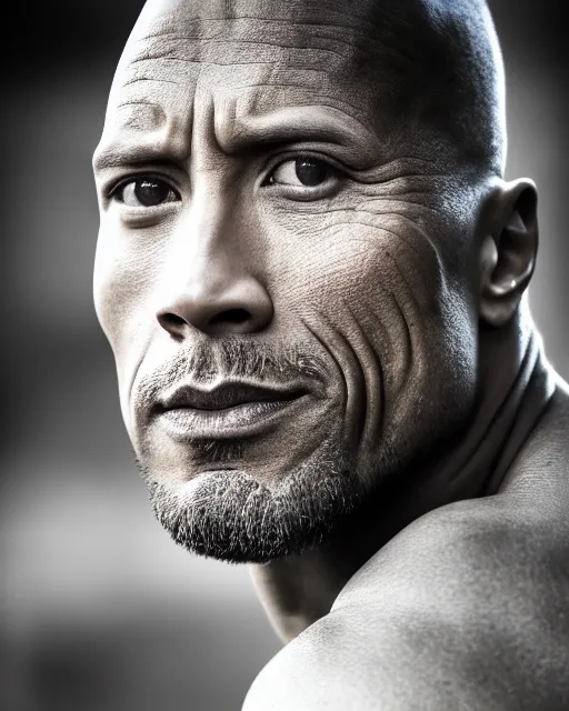 Image similar to Dwayne Johnson as a thin, scrawny man, full height portrait, bokeh, 90mm, f/1.4