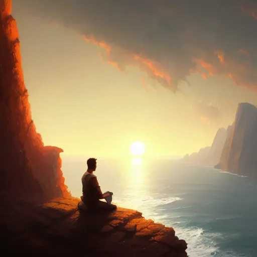 Image similar to a man sitting on a cliff watching the sun explode, painting, digital art, harsh lighting, 4 k hd wallpaper, trending on art station, art by greg rutkowski and andreas rocha 4 k