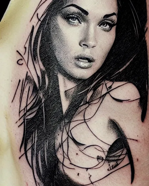 Image similar to double exposure effect tattoo sketch of a megan fox faded with a beautiful mountain scenery, in the style of matteo pasqualin, amazing detail, sharp