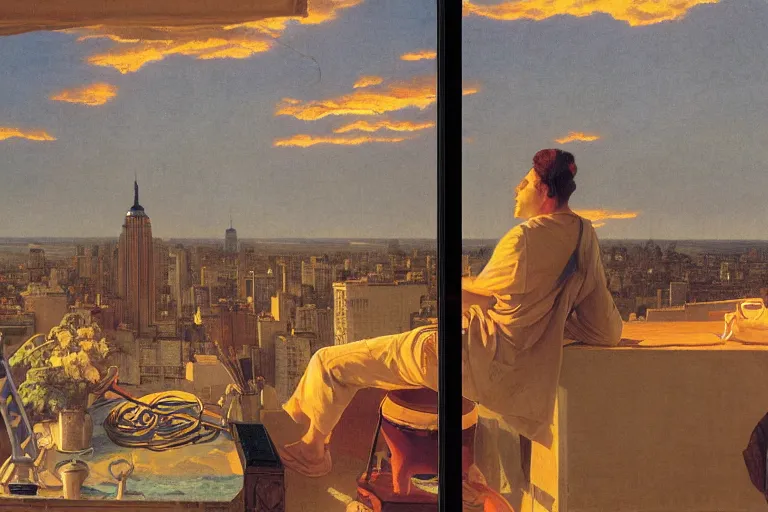 Prompt: painting of a diskjockey in a rooftop, watching new york, beautiful, sunset, romantic, by ludwig deutsch and maxfield parrish, patterned tilework, extremely detailed, cinematic lighting, smooth sharp focus