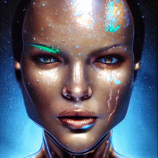 Prompt: cyborg sweating water, big drops of sweat, forehead only, by Hajime Sorayama, airbrush art, beautiful face, highly realistic, star flares, trending on artstation, beautiful lighting, sharp, details, hyper-detailed, HD, HDR, 4K, 8K