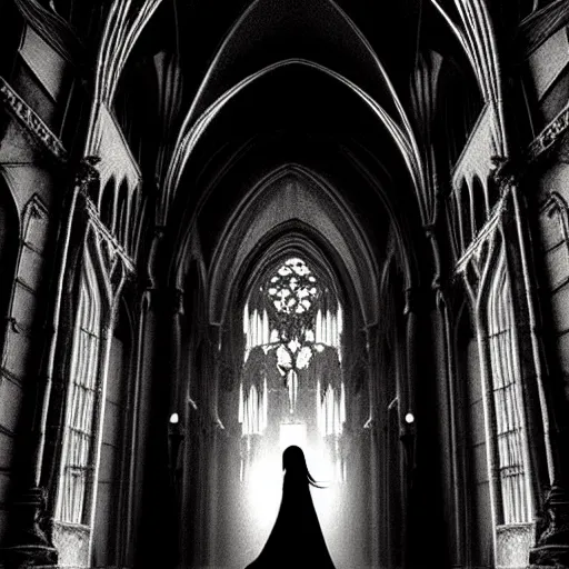 Image similar to a beautiful gothic girl inside a dark gothic cathedral illuminated by candles, impressive scene. grainy and rough. black and white colour scheme. beautiful artistic detailed digital art