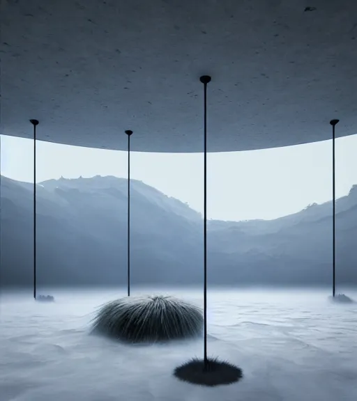 Image similar to the symmetric green linear light in the antartic, volumetric lighting, fog, majestic light, octane render, beauty fog, ethereal glare of the sun, hyperrealistic, epic, masterpiece, by peter zumthor