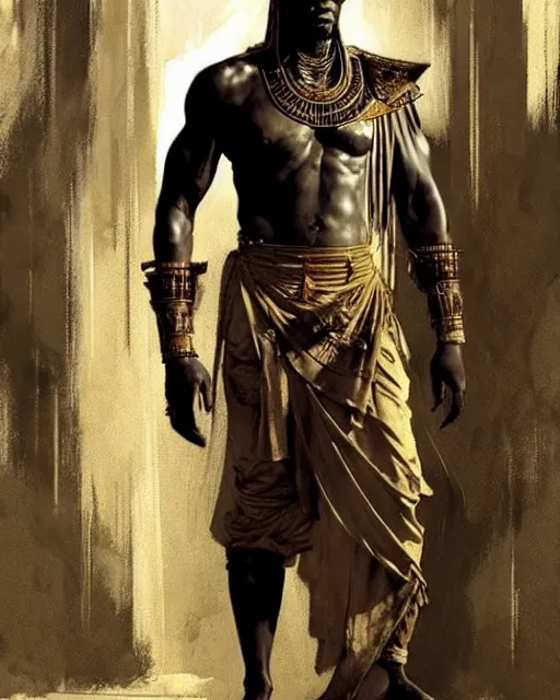 Prompt: concept art by anders zorn and craig mullins depicting djimon hounsou as a tall and very lean temple guard dressed in ancient egyptian decorative armor, flowing robes, harem pants, and leather strapped sandals