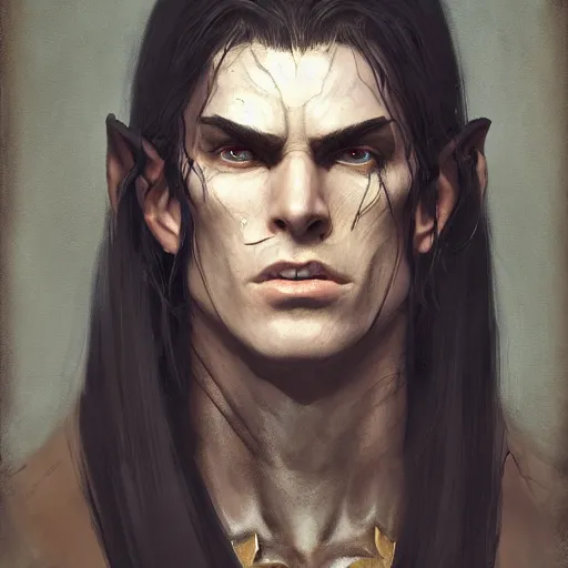 Image similar to character design, portrait of a attractive half elf half orc male with long black hair and proeminent cheekbones, medieval, dark armor, painting by wlop, nixeu and greg rutkowski, beautiful, cgsociety, semirealism, artstation, octane render, sharpness, 8 k, golden ratio