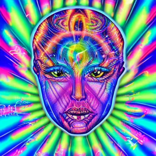 Image similar to a holographic sticker in the style of lisa frank and alex grey