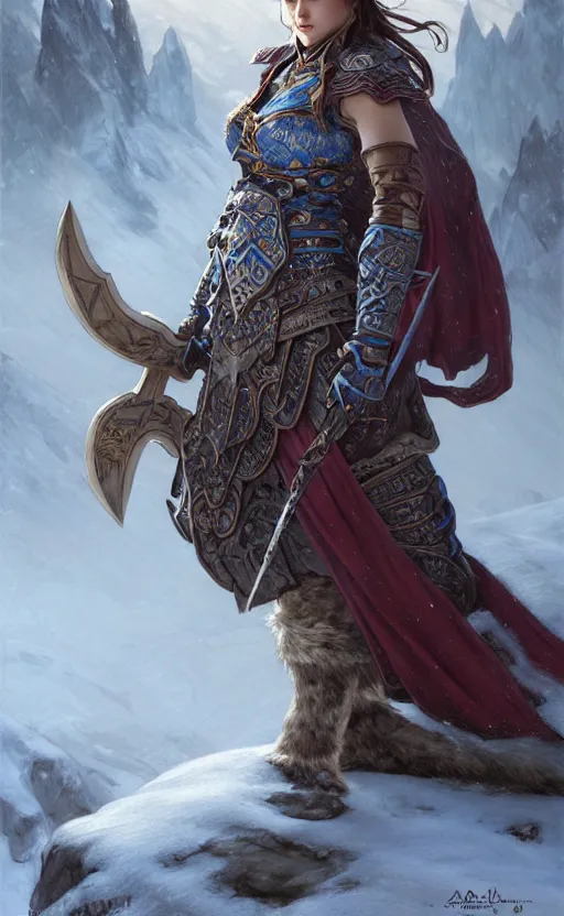 Image similar to azure viking warrior, regal, elegant, winter, snow, beautiful, stunning, hd, illustration, epic, d & d, fantasy, intricate, elegant, highly detailed, wide angle, digital painting, artstation, concept art, smooth, sharp focus, illustration, wallpaper, art by artgerm and greg rutkowski and alphonse mucha and jin xiaodi