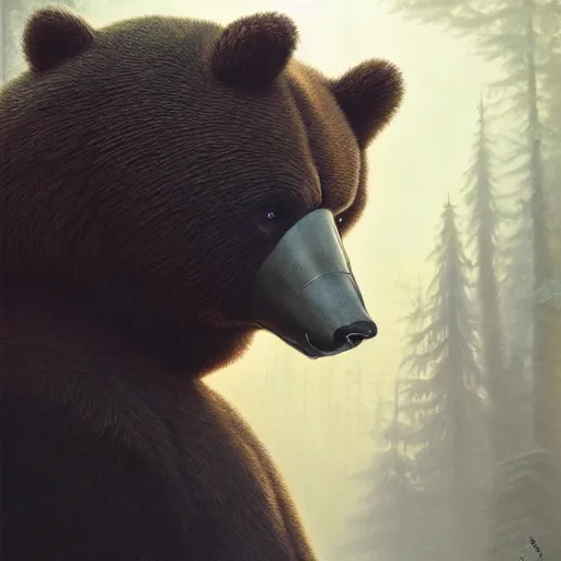 Image similar to Sad man in a bear mask, hyperrealism, no blur, 4k resolution, ultra detailed, style of Jonathan Solter, Peter Mohrbacher,Alexander Trufanov, Finnian MacManus, Ivan Shishkin