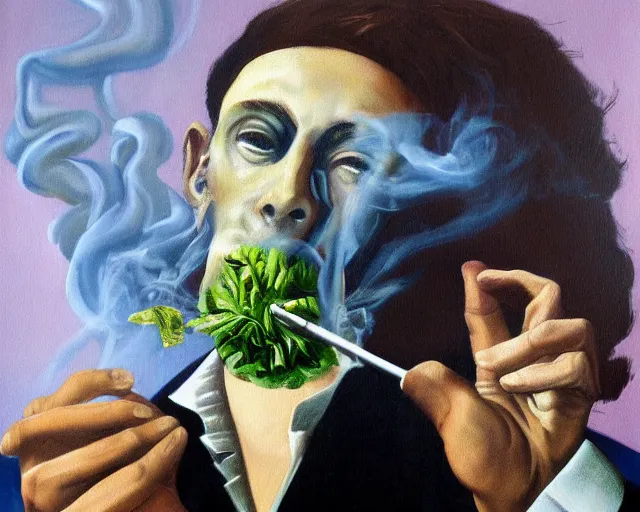 Prompt: a surreal painting of man smoking a joint