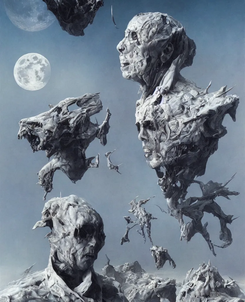 Prompt: moon made from thousands corpses of Nicolas Cage, highly detailed, artstation, art by (((Szukalski))), wayne barlowe, phil hale