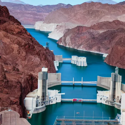 Image similar to looking down at the Hoover Dam and Lake Mead and the Colorado River, the Dam is covered with scaffolding and informal settlements hanging along the sides, windows illuminated, in style of Norman Foster, cinematic lighting, light rays, ultra realistic, photorealistic, volumetric lighting, photography