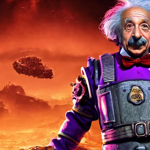 Prompt: albert einstein as willy wonka in gears of war, splash art, movie still, detailed face, photorealistic facial features, cinematic lighting, dramatic, octane render, long lens, shallow depth of field, bokeh, anamorphic lens flare, 8 k, hyper detailed, 3 5 mm film grain