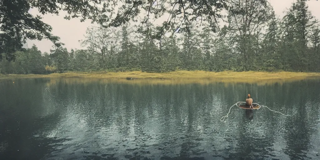 Image similar to symmetrical photograph of a very long rope on the surface of the water, the rope is snaking from the foreground stretching out towards the center of the lake, a dark lake on a cloudy day, trees in the background, moody scene, dreamy kodak color stock, anamorphic lens