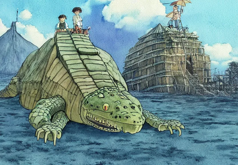 Image similar to a hyperrealist watercolor concept art from a studio ghibli film showing a giant beige mechanized crocodile from howl's moving castle ( 2 0 0 4 ). a pyramid is under construction in the background, in the rainforest on a misty and starry night. by studio ghibli