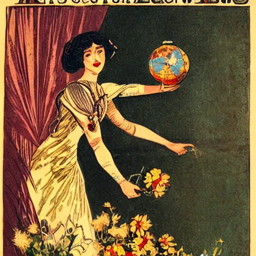 Image similar to a royal portrait of a cyborg woman. she holds a globe in one hand and flowers in the other. illustrated by burton rice. 1 9 1 2.