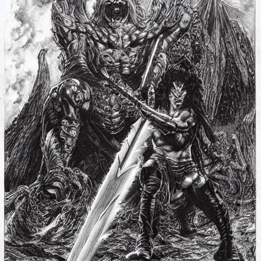 Image similar to arnold swarchenegger with giant sword fights ugly demon, dark fantasy art by kentaro miura, gustave dore, jean giraud, philippe druillet