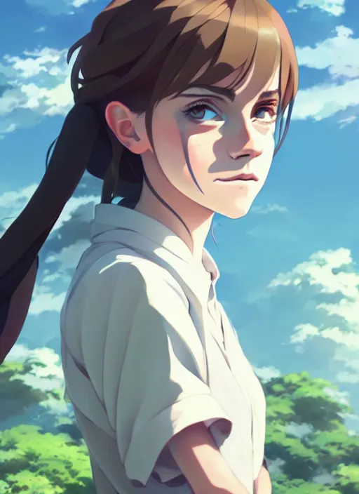 Image similar to portrait of a emma watson, cloudy sky background lush landscape illustration concept art anime key visual trending pixiv fanbox by wlop and greg rutkowski and makoto shinkai and studio ghibli