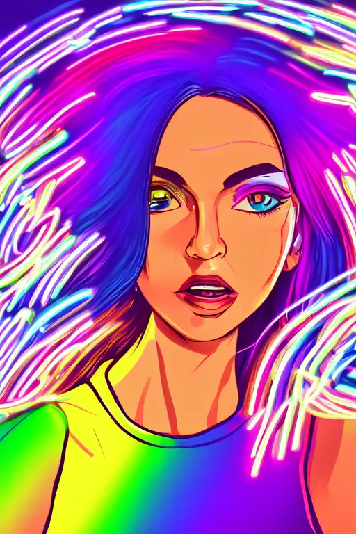 Image similar to a award winning half body portrait of a beautiful woman with stunning eyes in a croptop and cargo pants with rainbow colored hair blowing in the wind, outlined by whirling illuminated neon lines, outrun, vaporware, shaded flat illustration, digital art, trending on artstation, highly detailed, fine detail, intricate