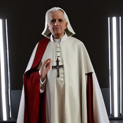 Image similar to pope benedict wearing sith cloak as chancelor palpatine in star wars episode 3, 8 k resolution, cinematic lighting, anatomically correct