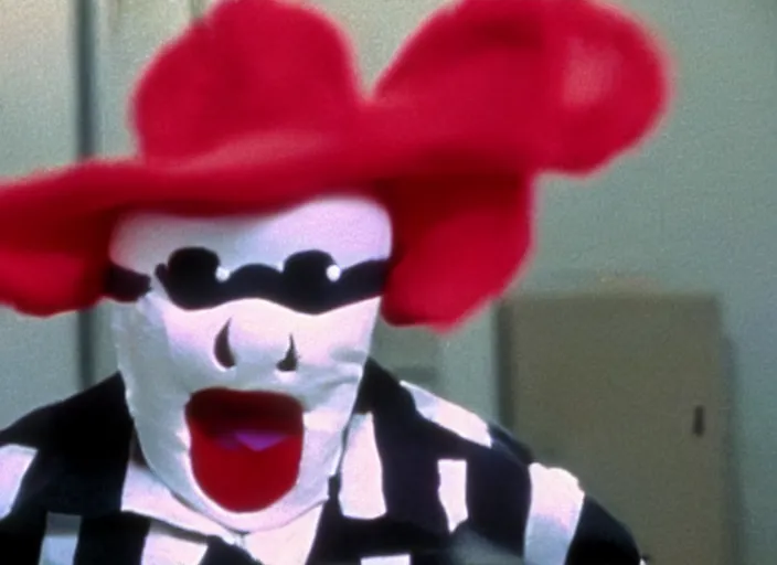 Image similar to film still of hamburglar in a 1 9 8 0 s slasher movie