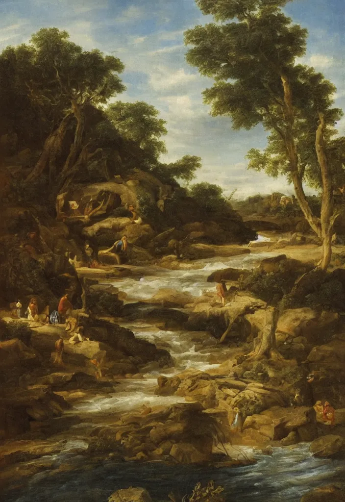 Prompt: a giant glass wine being poured into a flowing river in a beautiful landscape by salvadordalli, oil on canvas.