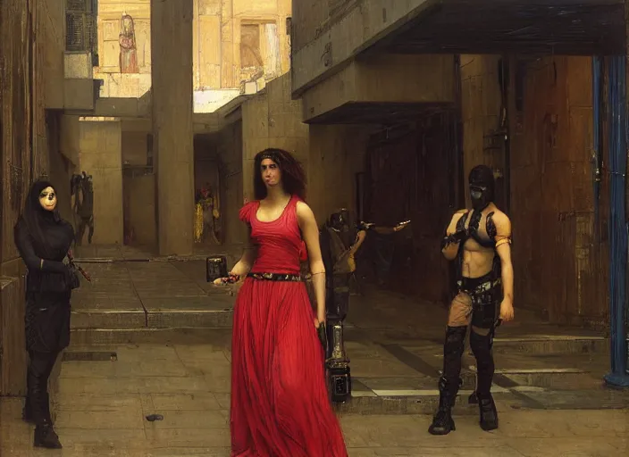 Image similar to Maria evades security guards. Cyberpunk hacker escaping Menacing Cyberpunk corporate security. (dystopian, police state, Cyberpunk 2077, bladerunner 2049). Iranian orientalist portrait by john william waterhouse and Edwin Longsden Long and Theodore Ralli and Nasreddine Dinet, oil on canvas. Cinematic, vivid colors, hyper realism, realistic proportions, dramatic lighting, high detail 4k