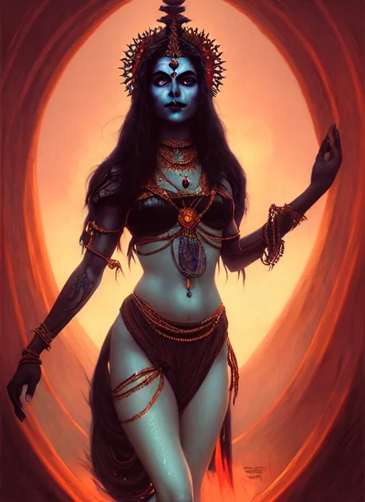 Image similar to a beautiful cinematic female kali goddess of death, fantasy landscape, fantasy magic,, dark light night, intricate, elegant, sharp focus, illustration, highly detailed, digital painting, concept art, matte, art by WLOP and Artgerm and Greg Rutkowski and Alphonse Mucha, masterpiece