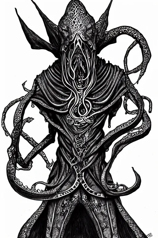 Prompt: illithid warlock, black ink on paper, trending on artstation, beautiful, intricate, detailed