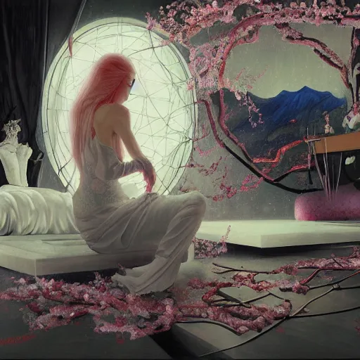 Image similar to beautiful painting of the white oneiric landscape of a deconstructed bedroom with snakes and cherry blossoms in the style of Francis Bacon, Karol Bak, Daturahex and Jesse Kanda. Dark background, detailed, trending on Artstation